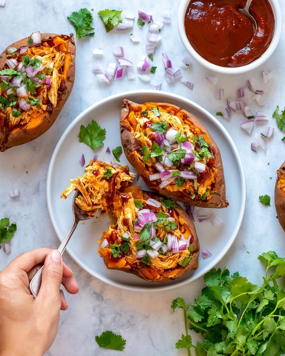 On a white plate, there are three split open sweet potatoes with soft, orange, fluffy interiors. Each is filled with shredded chicken mixed with barbecue sauce, topped with finely chopped red onions and small green cilantro leaves. A woman's hand is holding a spoon digging into one of the filled sweet potatoes. Around the plate, there are scattered pieces of chopped onions and cilantro on a white marbled surface. To the upper right, another filled sweet potato appears on a white plate. Near it is a bowl with more thick, red barbecue sauce. A bunch of fresh cilantro also lies on the white marbled background. photo taken with an iphone --ar 4:5 --v 7