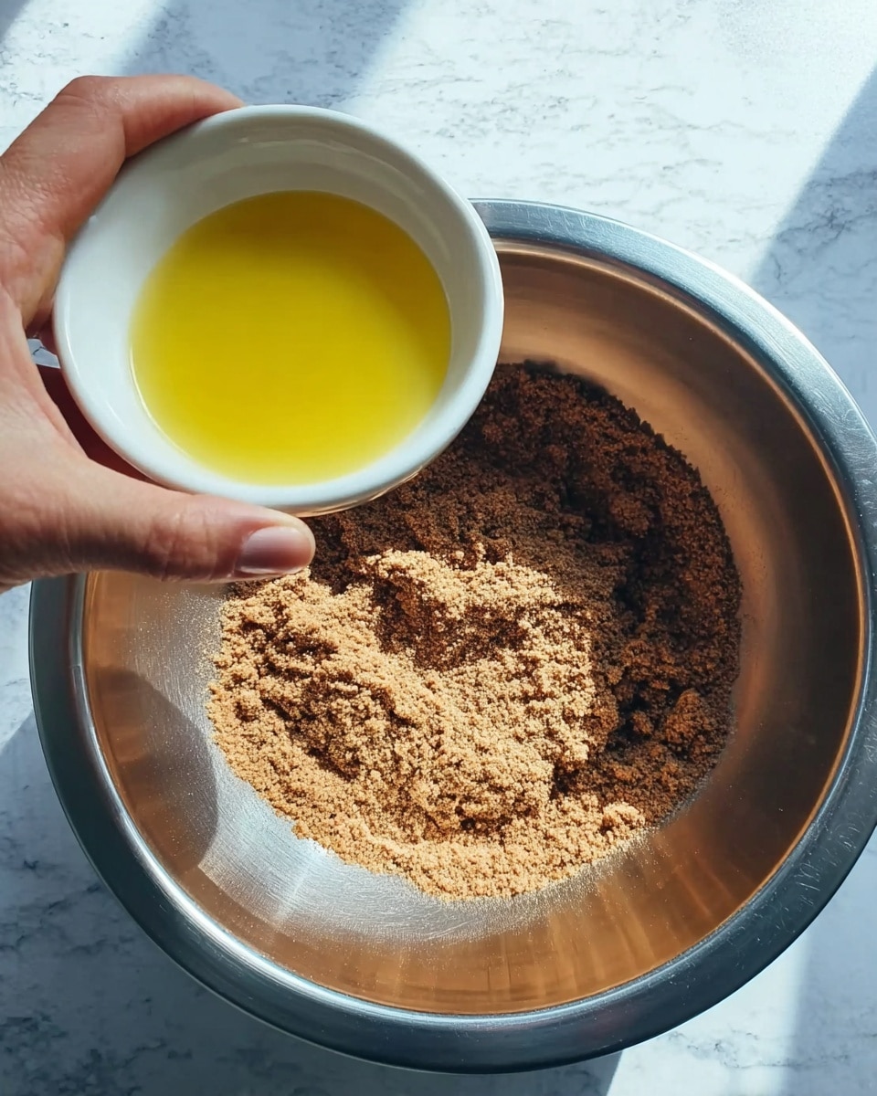 A woman's hand is shown holding a small white bowl with yellow melted butter over a large silver mixing bowl that contains a layer of crumbly brown powder. The scene is set on a white marbled surface with natural light highlighting the textures of the powder and butter, photo taken with an iphone --ar 4:5 --v 7