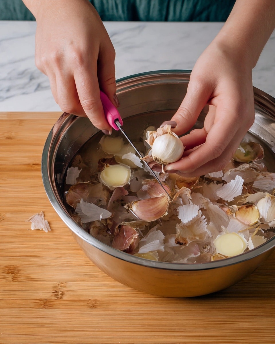 A close-up image shows a woman's hand holding a peeled garlic clove while the other woman's hand uses a small knife with a pink handle to remove the garlic's root end. Below, there is a large silver metal bowl filled with water, garlic cloves, and many thin, papery garlic skins floating on the surface. The scene is set on a wooden surface with a white marbled background. photo taken with an iphone --ar 4:5 --v 7