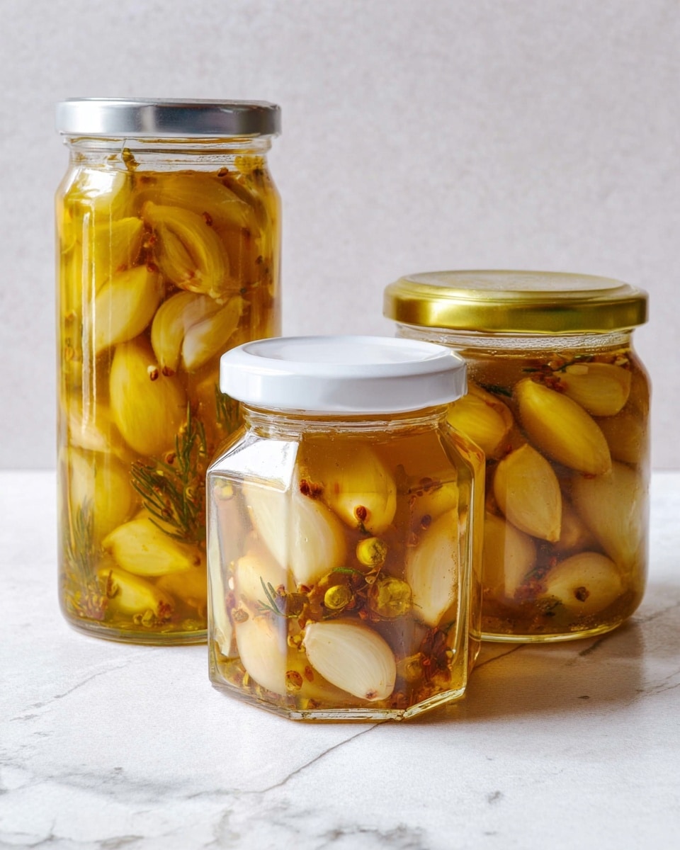 Three glass jars filled with garlic cloves soaked in golden oil are placed on a white marbled surface. The tallest jar on the left is filled with garlic pieces and some herbs, sealed with a silver lid. In the middle, a shorter hexagonal jar with a white lid shows plump garlic cloves floating in the oil, some with a slight reddish tint. The right jar is round with a gold lid, containing garlic cloves and small green herb sprigs in the oil. The background is a soft white texture, giving a clean and simple look. photo taken with an iphone --ar 4:5 --v 7