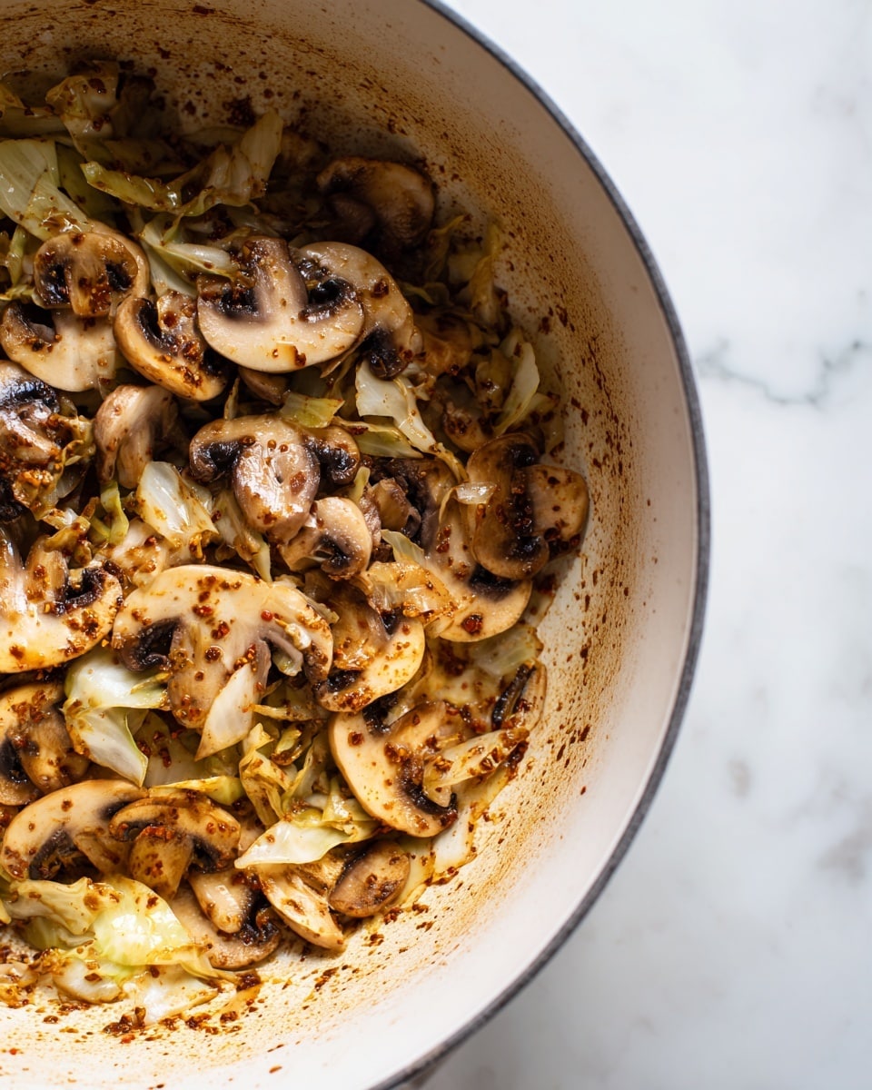 A close-up of a white pot with cooked sliced mushrooms and small pieces of cooked cabbage mixed with spices inside. The mushrooms are brown with some darker browned spots, and the cabbage is light tan with a slightly reddish tint from the seasoning. The mixture has a slightly oily texture, and the pot's inner surface shows some browned residue from cooking. The background is a white marbled surface. photo taken with an iphone --ar 4:5 --v 7