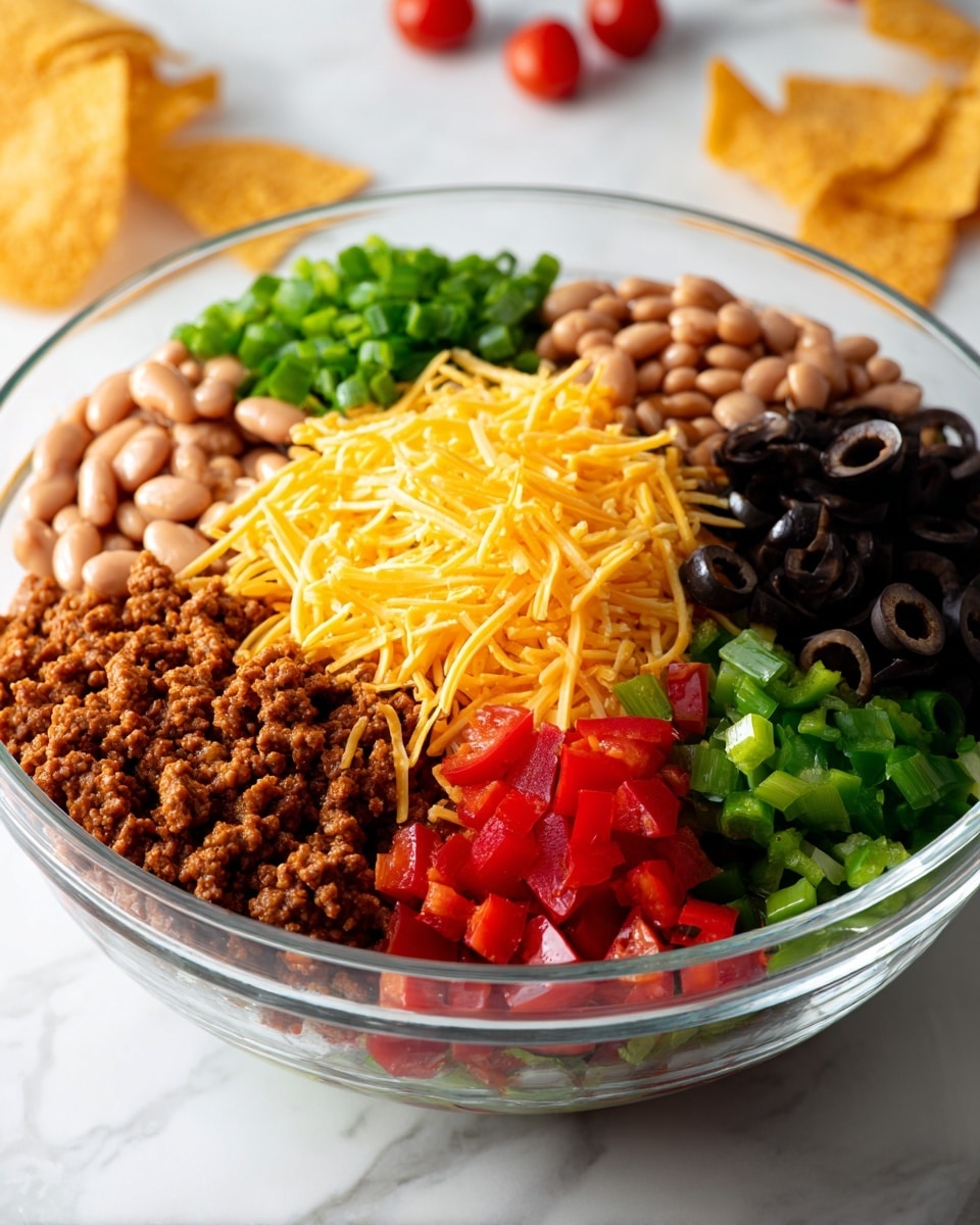 A clear glass bowl on a white marbled surface holds a layered taco salad mix. Starting from the bottom, finely chopped green onions sit on the left, next to a generous pile of smooth, tan pinto beans. Above the beans is a mound of bright yellow shredded cheese. To the right of the cheese, a pile of black sliced olives forms a neat cluster. Next to the olives, red diced tomatoes add a fresh color, while in the front right, a combination of chopped green and red bell peppers provides a crisp texture. In the middle front of the bowl, there is a thick layer of crumbly cooked ground beef with a slightly dark brown color. In the background, some orange tortilla chips and small red cherry tomatoes are partially visible. Photo taken with an iphone --ar 4:5 --v 7