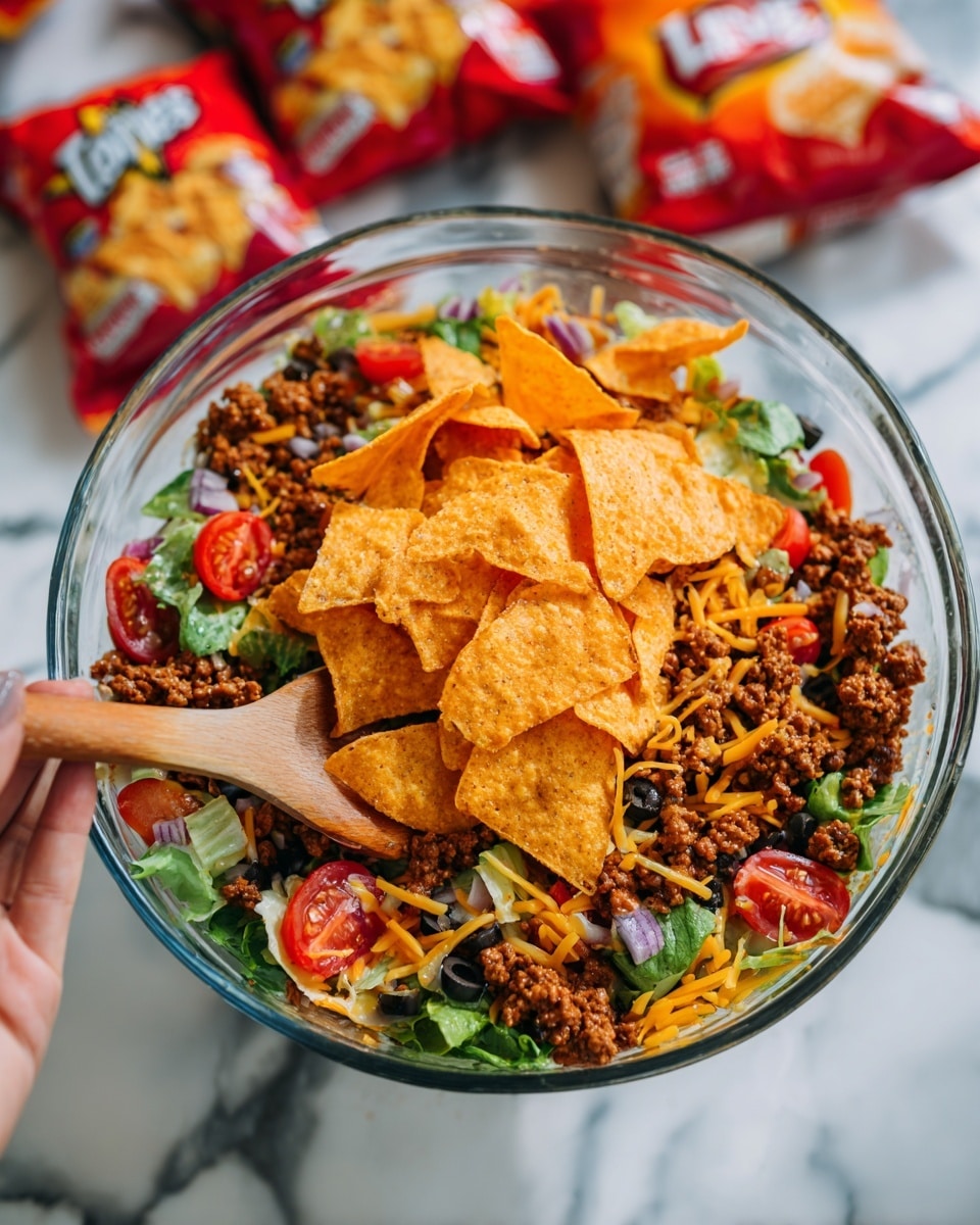 A clear glass bowl filled with a colorful taco salad sits on a white marbled surface. The salad has several layers and textures: at the bottom, bright orange chips mixed with dark brown seasoned ground beef, light brown beans, small red cherry tomatoes, green chopped lettuce, black olives, and bits of shredded yellow cheese. On top, larger orange chips stand out, and two wooden spoons are placed inside the bowl, one held by a woman's hand. The background has bright red and orange bags of chips slightly blurred. The photo taken with an iphone --ar 4:5 --v 7