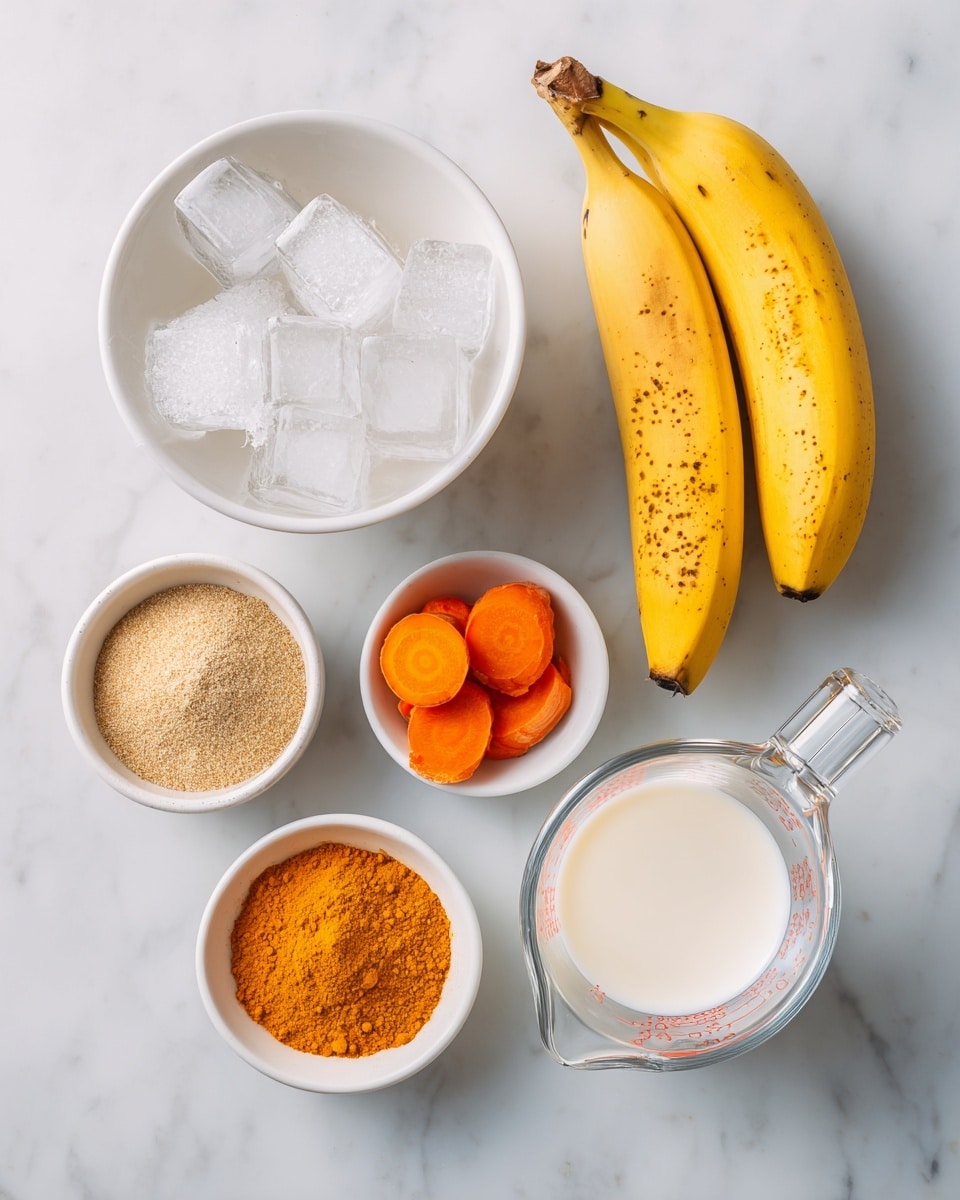 A top view of various cooking ingredients arranged on a white marbled surface. In the center left is a white bowl filled with clear ice cubes. To its right is a yellow banana with dark spots. Below the bowl and banana are smaller containers: a white bowl with a coarse brown spice, two small orange carrots, a larger white bowl filled with pale yellow powder, a smaller white bowl with bright orange powder, and a clear measuring cup holding a white liquid. The items are spaced neatly with good lighting showing their colors and textures clearly. Photo taken with an iphone --ar 4:5 --v 7