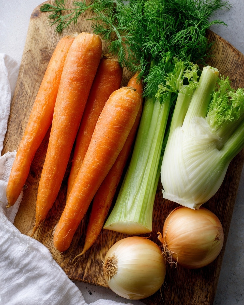 A group of fresh vegetables laid out on a wooden board includes three bright orange carrots with smooth skin in the center, two stalks of light green celery with visible ribs on the right side, a fennel bulb with white base and feathery green fronds near the center, and two round onions with pale yellow-brown skin in the bottom left and bottom right corners; a part of a white cloth is visible on the bottom left corner. Photo taken with an iphone --ar 4:5 --v 7