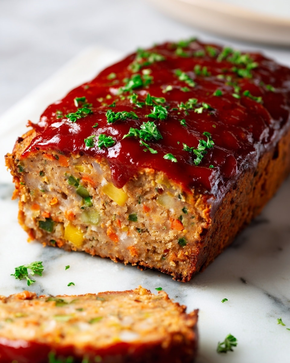 The image shows a close-up of a rectangular loaf with two clear layers. The bottom layer is thick and light brown with visible small pieces of orange, white, and green vegetables mixed in, giving it a rough texture. The top layer is a shiny, smooth, deep red sauce spread evenly across the entire top surface, dotted with small green herb leaves. The loaf rests on a white marbled surface with some green herb leaves scattered around. In the front, a piece of the loaf is cut and blurry, showing the same mix of colors as the bottom layer. Photo taken with an iphone --ar 4:5 --v 7