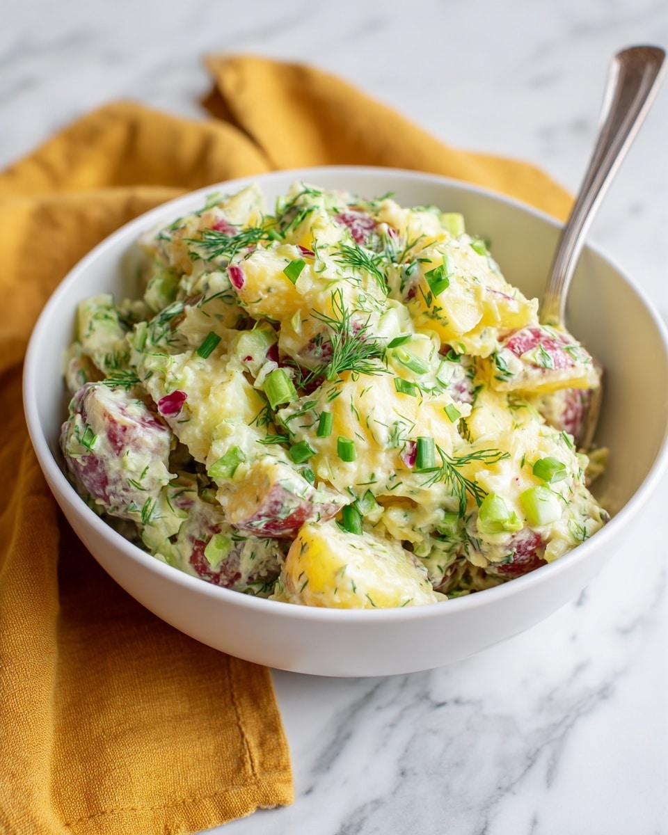 A white bowl filled with a potato salad that has three main layers: the bottom layer is light yellow potato pieces with rough skin, the middle layer is light green celery bits mixed evenly, and the top layer is fresh green chopped herbs like dill and chives scattered all over. The potatoes have red skin with some spots visible. A silver fork rests on the right side of the bowl, slightly pressing into the salad. The bowl is placed on a white marbled surface with a mustard yellow cloth folded nearby. Photo taken with an iphone --ar 4:5 --v 7