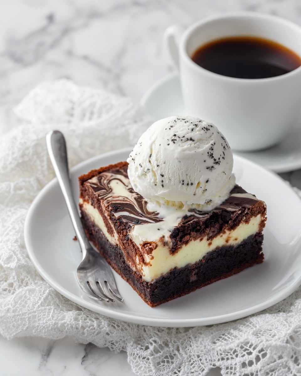 A white plate holds a square brownie with two dark brown layers separated by a light cream layer, topped with a dark chocolate swirl pattern mixed with light cream swirls. On top of the brownie, there is a large scoop of white vanilla ice cream with tiny black vanilla specks, slightly melting over the edges. A silver fork rests beside the brownie on the plate. In the background, there is a white cup filled with black coffee, all set on a white marbled surface with a white lace fabric underneath the plate, photo taken with an iphone --ar 4:5 --v 7
