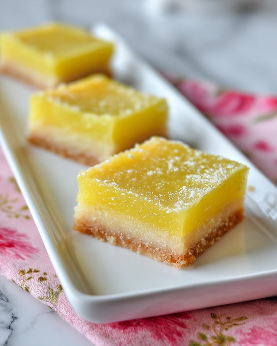 The image shows three square lemon bars placed in a straight line on a long white rectangular plate. Each bar has two clear layers: a slightly crumbly light beige crust on the bottom and a smooth, bright yellow lemon layer on top. The edges of the crust are slightly uneven and golden brown, while the lemon layer has a shiny, soft texture with a few small bubbles. The plate rests on a white marbled surface with a partially visible pink cloth with flower patterns under it in the bottom part of the image. The focus is on the closest lemon bar, with the others behind it softly blurred. photo taken with an iphone --ar 4:5 --v 7
