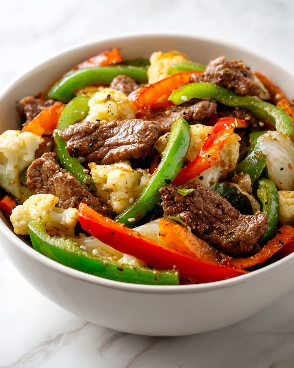 The image shows a close-up of a bowl of stir-fried beef and vegetables on a white marbled surface. The bowl is white and filled with layers of cooked green and orange bell pepper strips, red chili pieces, and light-colored cauliflower chunks. On top, there are slices of brown, slightly shiny stir-fried beef seasoned with black pepper. The vegetables show a mix of smooth and slightly soft textures, while the beef looks tender and juicy. The photo is bright and clear, showing the details of spices and moisture on the food. photo taken with an iphone --ar 4:5 --v 7
