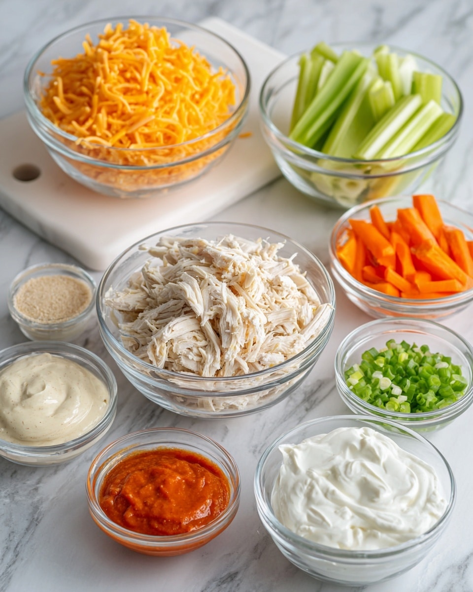 Several clear glass bowls and a white cutting board are placed on a white marbled surface, each holding different ingredients. In the middle, there is a bowl with shredded white chicken meat. Above it to the left, a bowl is filled with bright orange shredded cheddar cheese. Next to the cheese, on the white cutting board, there are fresh green celery sticks and orange carrot sticks laid out in two groups. Below the chicken bowl, there are three smaller glass bowls: the left one contains a creamy white spread, the middle one has a reddish-orange sauce, and the right one holds thick white sour cream. To the right of the chicken, there is a tiny bowl filled with chopped green onions, and to the left of the chicken, a small bowl contains a light beige powder seasoning. photo taken with an iphone --ar 4:5 --v 7