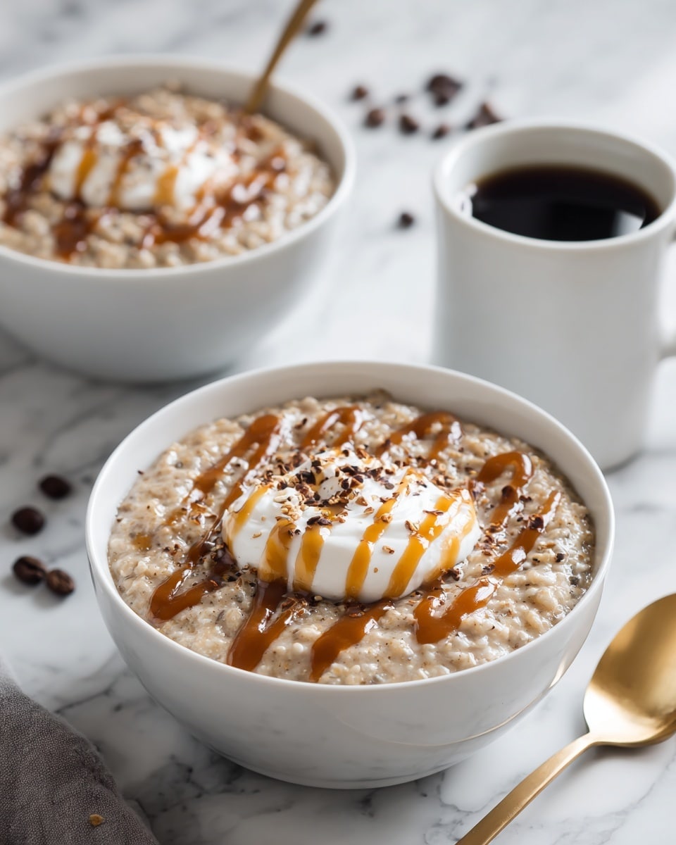 The image shows two white bowls filled with creamy oatmeal. Each bowl has a thick base of light brown oatmeal with visible oats and seeds mixed in. On top of the oatmeal in the front bowl, there is a dollop of white cream placed in the center. Over the cream, there are drizzles of a darker caramel-colored syrup forming loose zigzag lines, sprinkled with small dark brown bits resembling chocolate or spices. A gold spoon rests in the front bowl. Both bowls are placed on a white marbled surface, with one bowl in the front and the other blurred in the background. Part of a white cup with black coffee is visible to the right, and some coffee beans are scattered on the surface near the bowls. photo taken with an iphone --ar 4:5 --v 7