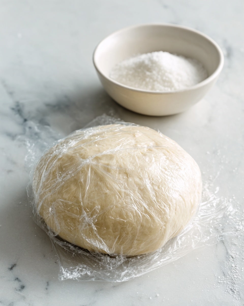 A round ball of pale dough with a smooth texture sits wrapped in clear plastic wrap on a white marbled surface. The dough is slightly domed and pressed flat at the bottom, with a small circular mark on top. In the background, a small white bowl holds white granulated sugar. The scene has a soft, natural light highlighting the dough's surface and the reflections on the plastic wrap photo taken with an iphone --ar 4:5 --v 7