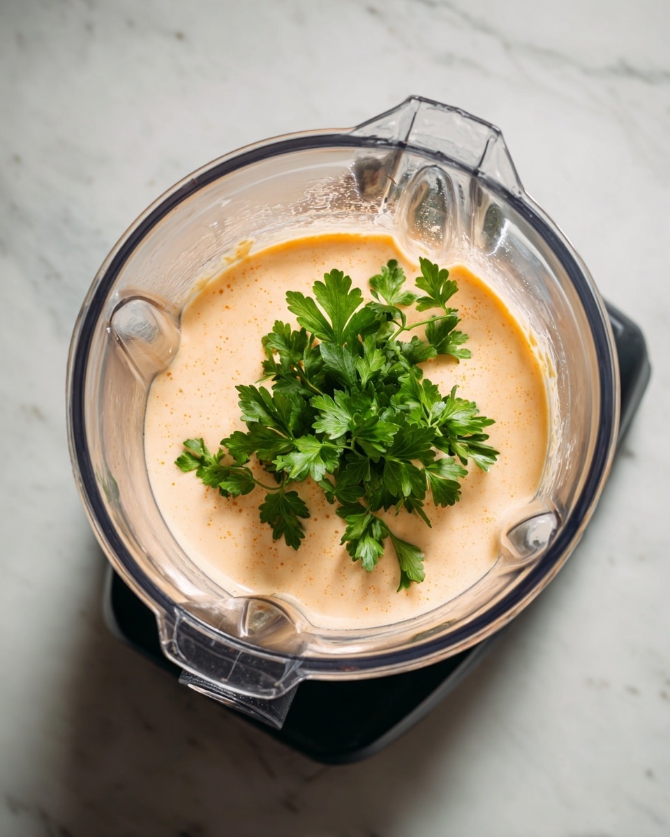 A clear blender jar holds a creamy, smooth pale orange mixture filling about half the jar, topped with a small bunch of fresh green parsley leaves sitting on the surface near the center. The blender has a black base and rests on a white marbled surface with bright lighting. The image is taken from above showing the inside of the blender jar clearly photo taken with an iphone --ar 4:5 --v 7