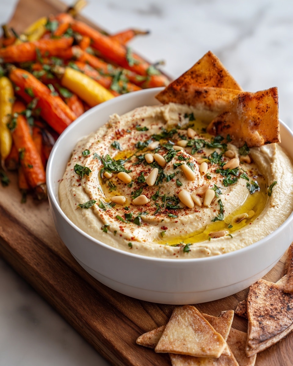 A white bowl holds a creamy, light beige hummus with a smooth and slightly swirled texture. The surface of the hummus is drizzled with golden olive oil, sprinkled with small pine nuts, chopped green herbs, and a dusting of reddish-brown spice. Around the bowl, there are pieces of crispy pita chips in a light brown color and roasted carrots in shades of orange and yellow, lightly seasoned and garnished with green herb leaves. The bowl is placed on a wooden board, which is set on a white marbled surface. Photo taken with an iphone --ar 4:5 --v 7