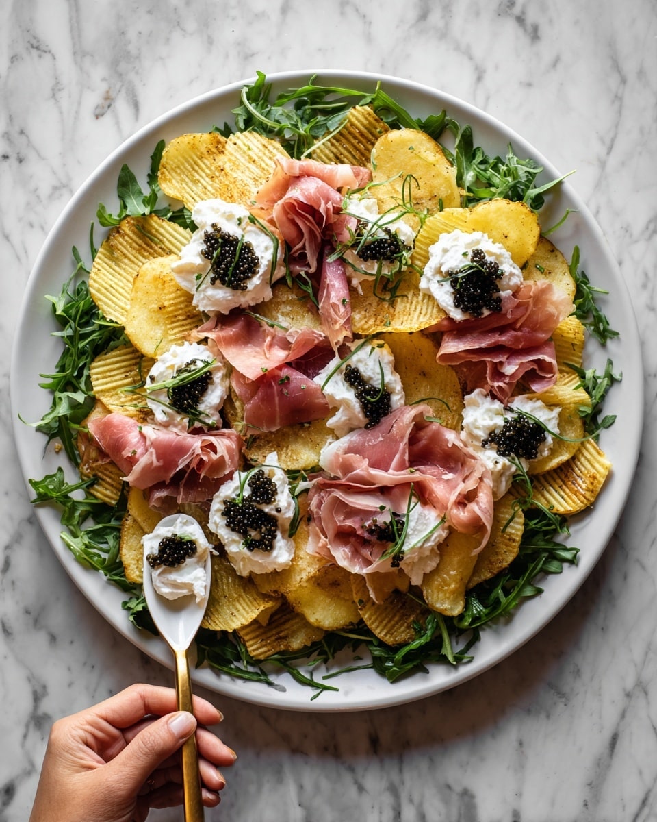 A large round white plate holds the dish placed on a white marbled surface. The base layer is fresh green arugula leaves spread evenly. On top of that, there are pale yellow ridged potato chips scattered around. Thin, delicate pink slices of prosciutto are layered loosely over the chips. Soft, white curd cheese is dolloped in several spots, topped with small black caviar clusters. A woman's hand is holding a white spoon with some cheese and caviar, positioned in the bottom center of the image. Photo taken with an iphone --ar 4:5 --v 7