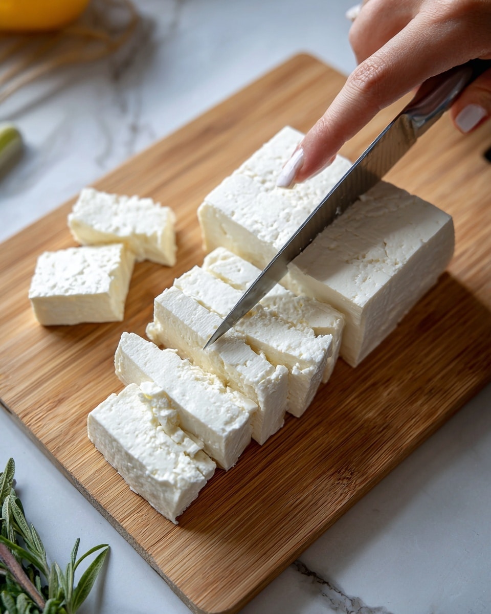 The image shows a close-up of a woman's hand holding a knife and slicing a block of white cheese on a light brown wooden cutting board. There are already several rectangular pieces of cheese cut and placed near the main block. The texture of the cheese looks soft but firm. A small portion of a green herb and part of a yellow item appear at the lower left corner. The background surface is a white marbled texture. Photo taken with an iphone --ar 4:5 --v 7
