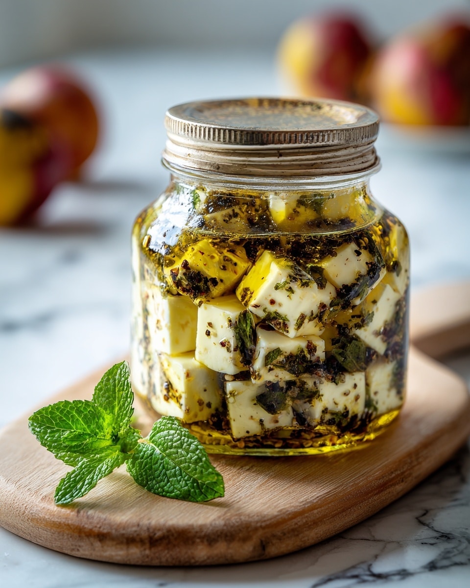 A glass jar filled with cubes of white and yellow cheese covered in golden oil and scattered with black spices, with visible green leaves mixed inside. The jar has a silver lid and sits on a light wooden board. There is a fresh green mint leaf with textured veins placed on the board to the side. The background shows blurry red and yellow round objects with soft green leaves, all set on a white marbled surface. Photo taken with an iphone --ar 4:5 --v 7