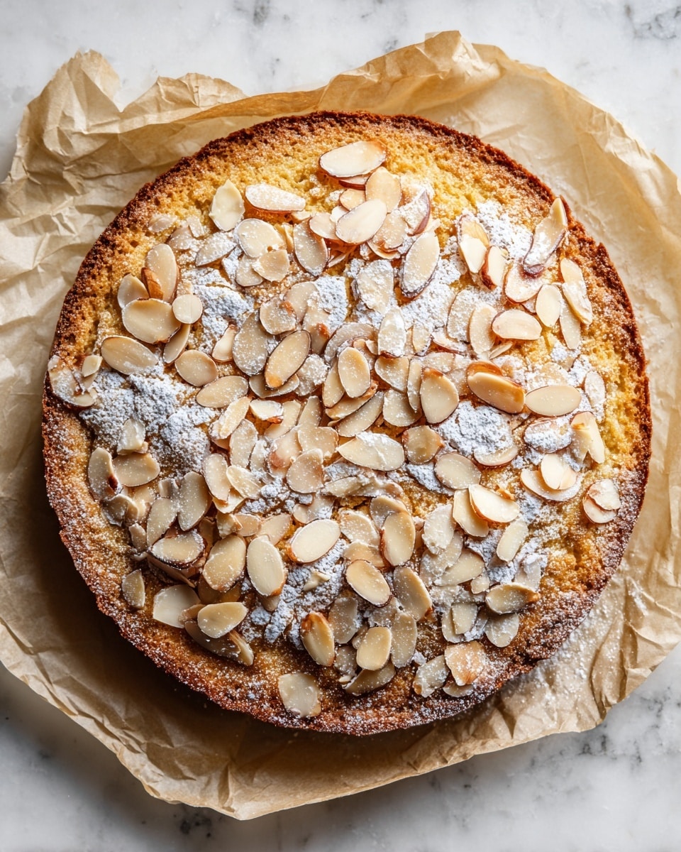 A round almond cake with a golden-brown crust placed on wrinkled parchment paper on a white marbled surface. The cake has one thick base layer that looks soft and slightly cracked on the top. It is covered with a generous amount of sliced toasted almonds that vary in color from light beige to darker brown. There are light patches of powdered sugar dusted unevenly over the almonds, adding a contrast to the warm tones of the cake. Photo taken with an iphone --ar 4:5 --v 7