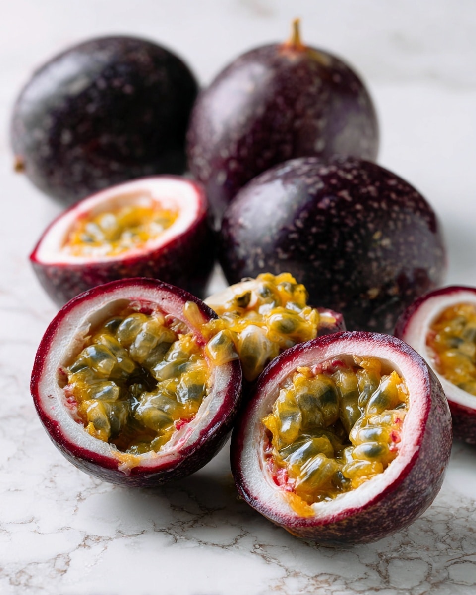 The image shows several passion fruits placed on a white marbled surface. There are three whole passion fruits with dark purple, slightly rough skins positioned towards the back, while three passion fruits are cut open and arranged in the front and middle. The cut fruits display a bright yellow-green flesh filled with small, translucent seeds surrounded by a juicy texture. One of the cut passion fruits is in the middle, showing the contrast between the dark purple outer skin, a white inner layer, and the colorful juicy interior. The overall look is fresh and vibrant, focusing on the texture and colors of the passion fruits photo taken with an iphone --ar 4:5 --v 7