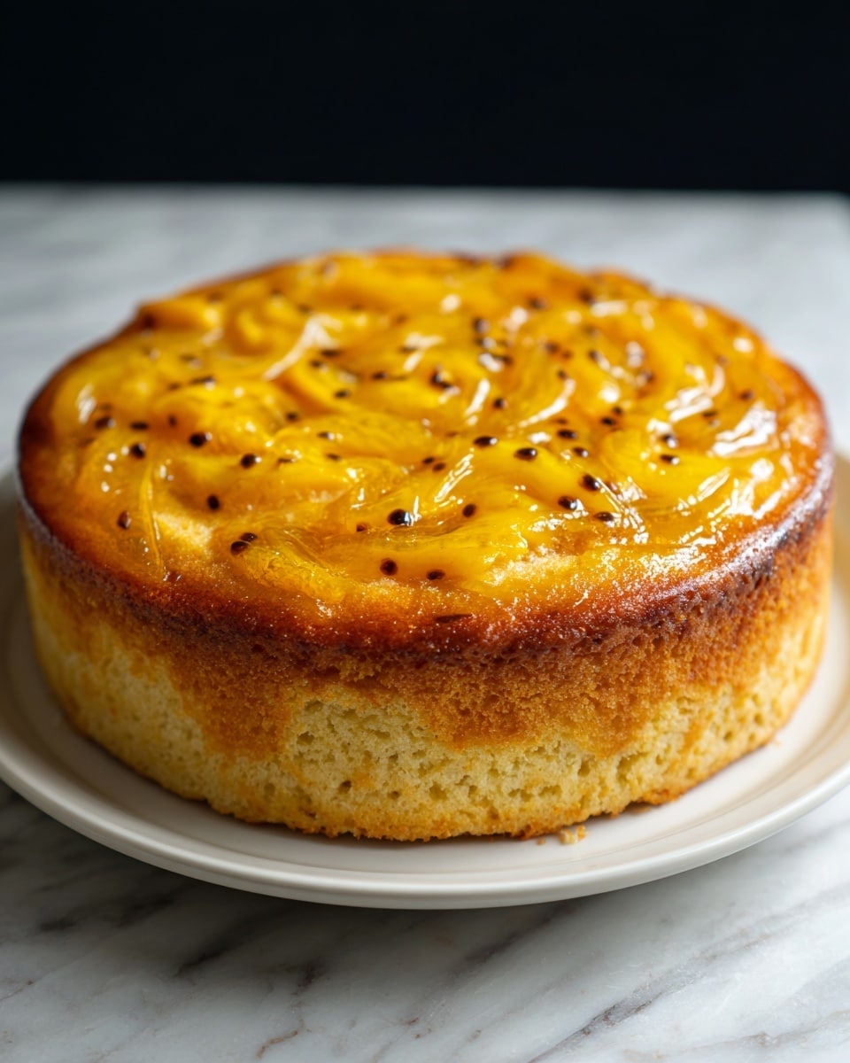 A single round cake sits on a simple white plate, placed on a white marbled surface. The cake has a golden-brown crust that looks soft and slightly fluffy. On top, there is a glossy yellow layer with swirls of fruit sauce, dotted with small black seeds scattered evenly across the surface. The texture of the topping appears smooth and shiny, contrasting with the light and airy cake beneath. The background is dark, making the cake stand out clearly. photo taken with an iphone --ar 4:5 --v 7
