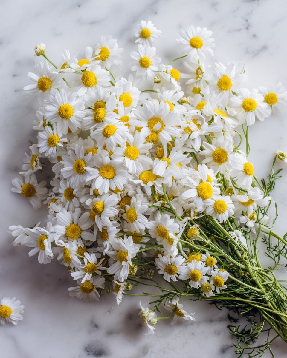 A large bunch of small white and yellow chamomile flowers with thin green stems spread out loosely on a white marbled surface, showing layers of delicate white petals surrounding round yellow centers, and thin green leaves and stems tangled together underneath, giving a fresh and natural look, photo taken with an iphone --ar 4:5 --v 7