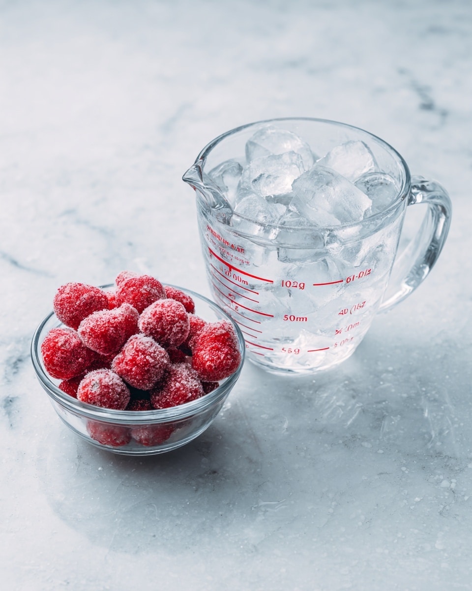 A clear glass measuring cup filled with bright red frozen strawberries covered in frost. Next to it, on a white marbled surface, is another clear glass measuring cup filled with ice cubes and some water, showing red measurement marks. The scene is simple with the focus on the frosty texture of the strawberries and the cool clarity of the ice in the cup. Photo taken with an iphone --ar 4:5 --v 7