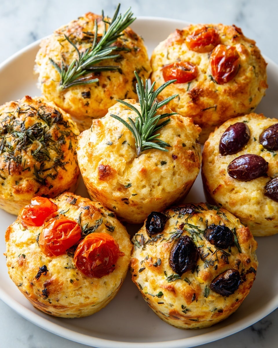 A white plate holds nine small savory muffins arranged closely, each muffin having a golden brown crust with visible texture. Three of the muffins have dark green rosemary sprigs on top, standing out sharply against the light crust. Three other muffins appear to have a darker, herb-covered top with a mix of green and black, showing a highly textured surface. The remaining three muffins are topped with halved red cherry tomatoes and whole black olives, scattered across their light golden tops, which are sprinkled with dried herbs, adding a touch of green flakes. The white marbled surface underneath enhances the colors of the muffins. photo taken with an iphone --ar 4:5 --v 7