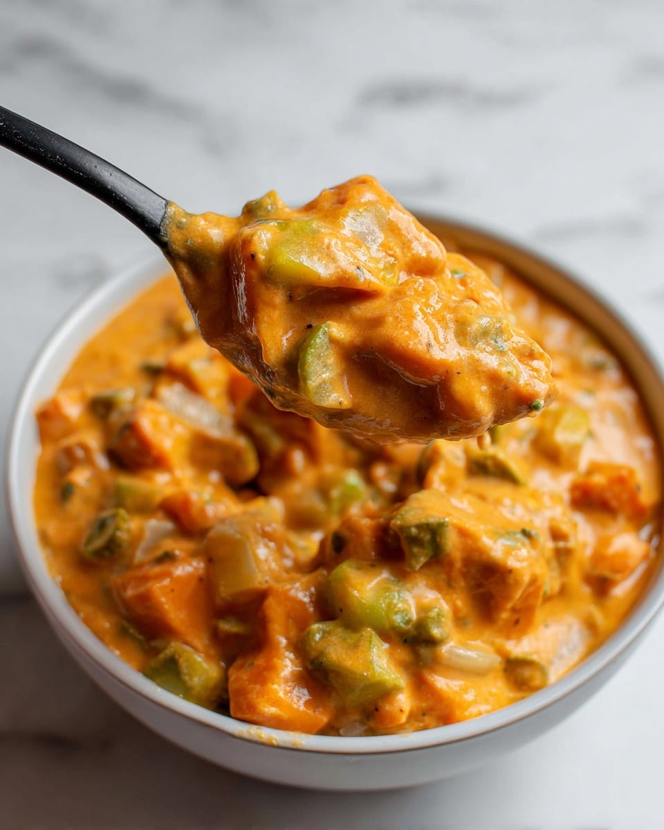A close-up view of a creamy, orange-colored mixture with small chunks of green and white vegetables mixed throughout, showing a thick and rich texture. A black spoon is partially visible holding some of the mixture, with bits of the mixture spread around on a white marbled surface in the background. The dish looks hearty and full of small solid pieces blending into the creamy sauce. photo taken with an iphone --ar 4:5 --v 7
