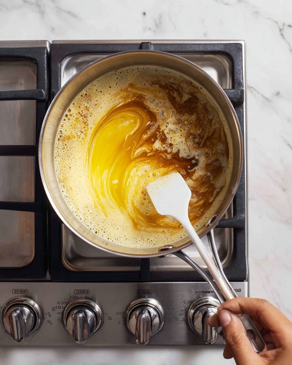 A stainless steel pot on a silver gas stove with black grates sits on a white marbled surface. On the left side, the pot contains melted butter with a bright yellow center surrounded by lighter yellow bubbly foam. On the right side, the pot shows a mixture of creamy froth and darker brown caramelized bits being stirred by a woman's hand holding a white spatula, creating a swirling pattern of foam and caramel. The stove knobs below read KitchenAid with two shiny silver controls. Photo taken with an iphone --ar 4:5 --v 7