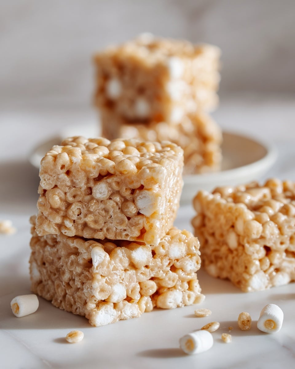 The image shows four square cereal treats made of puffed rice and melted marshmallow, with a light beige color and sticky, slightly shiny texture. Three treats lay directly on a white marbled surface, while two pieces stack on a white plate in the background. Small scattered bits of puffed rice are around the treats on the surface. The lighting highlights the glossy and textured look of the cereal pieces, making them appear soft and chewy. photo taken with an iphone --ar 4:5 --v 7