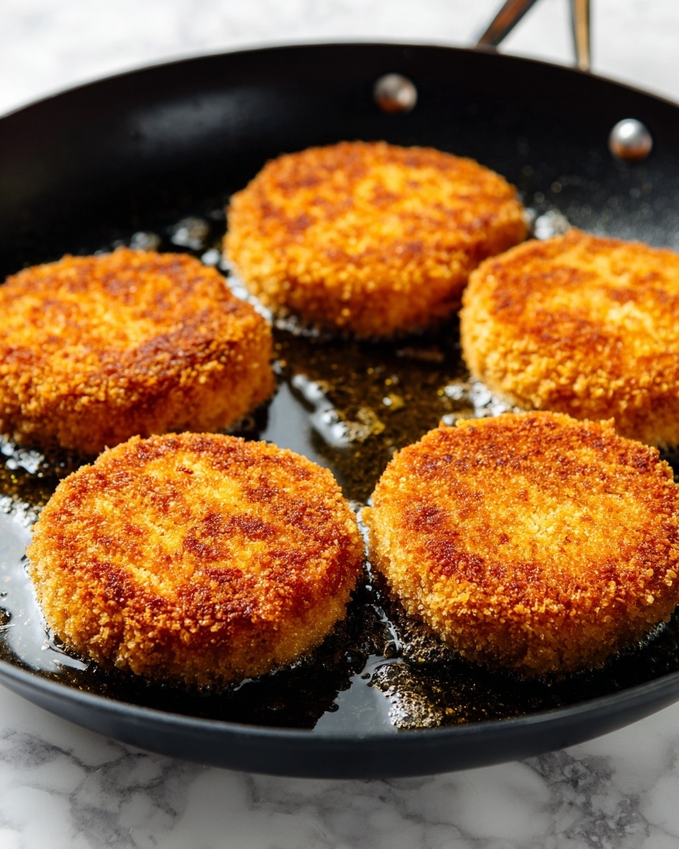 The image shows four large, golden-brown breaded patties frying in a black skillet with oil. Each patty has a crispy, textured surface with small browned spots and looks crunchy on top. The patties are evenly spaced in the pan, and the oil around them glistens, showing they are being cooked. The background is a white marbled texture. photo taken with an iphone --ar 4:5 --v 7