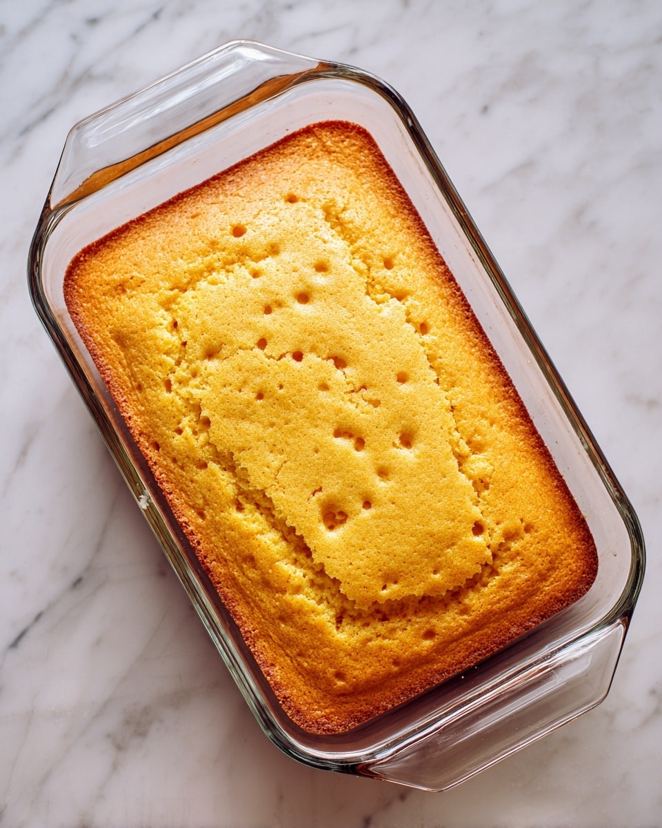 A rectangular cake with a light golden-yellow color fills a clear glass baking dish that sits on a white marbled surface. The cake’s surface is evenly baked, with small green holes scattered all over, giving it a slightly textured look. The glass dish has handles on the shorter sides, and the edges of the cake are slightly browned. photo taken with an iphone --ar 4:5 --v 7