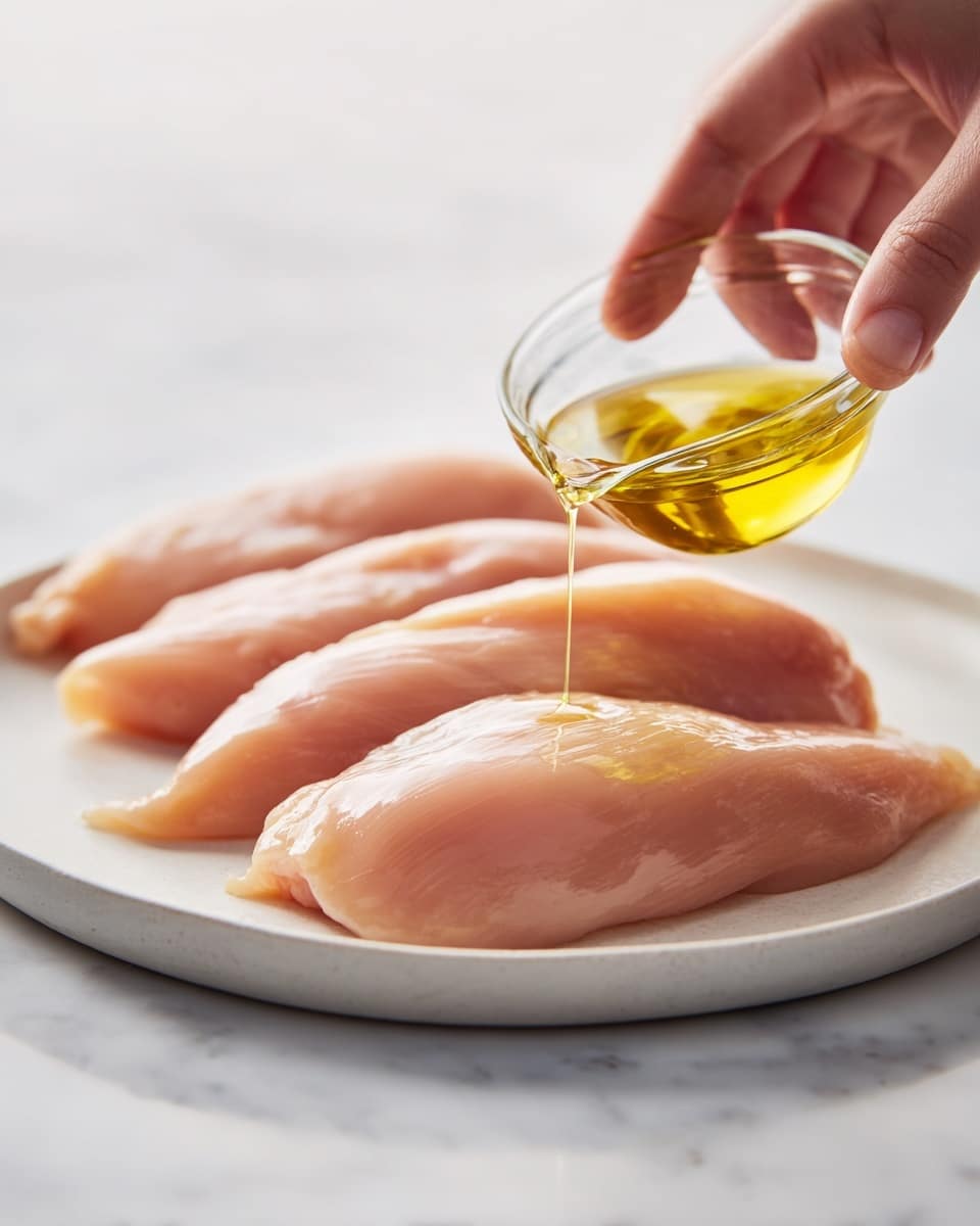 A close-up of four raw chicken fillets laid flat on a round white plate, each piece smooth and shiny with a light pinkish-beige color, filling the plate. A woman's hand is holding a small, clear glass bowl filled with golden yellow oil, tilting it as if to pour it onto the chicken. The background is a white marbled texture, bright and clean, emphasizing the fresh meat and the oil. photo taken with an iphone --ar 4:5 --v 7