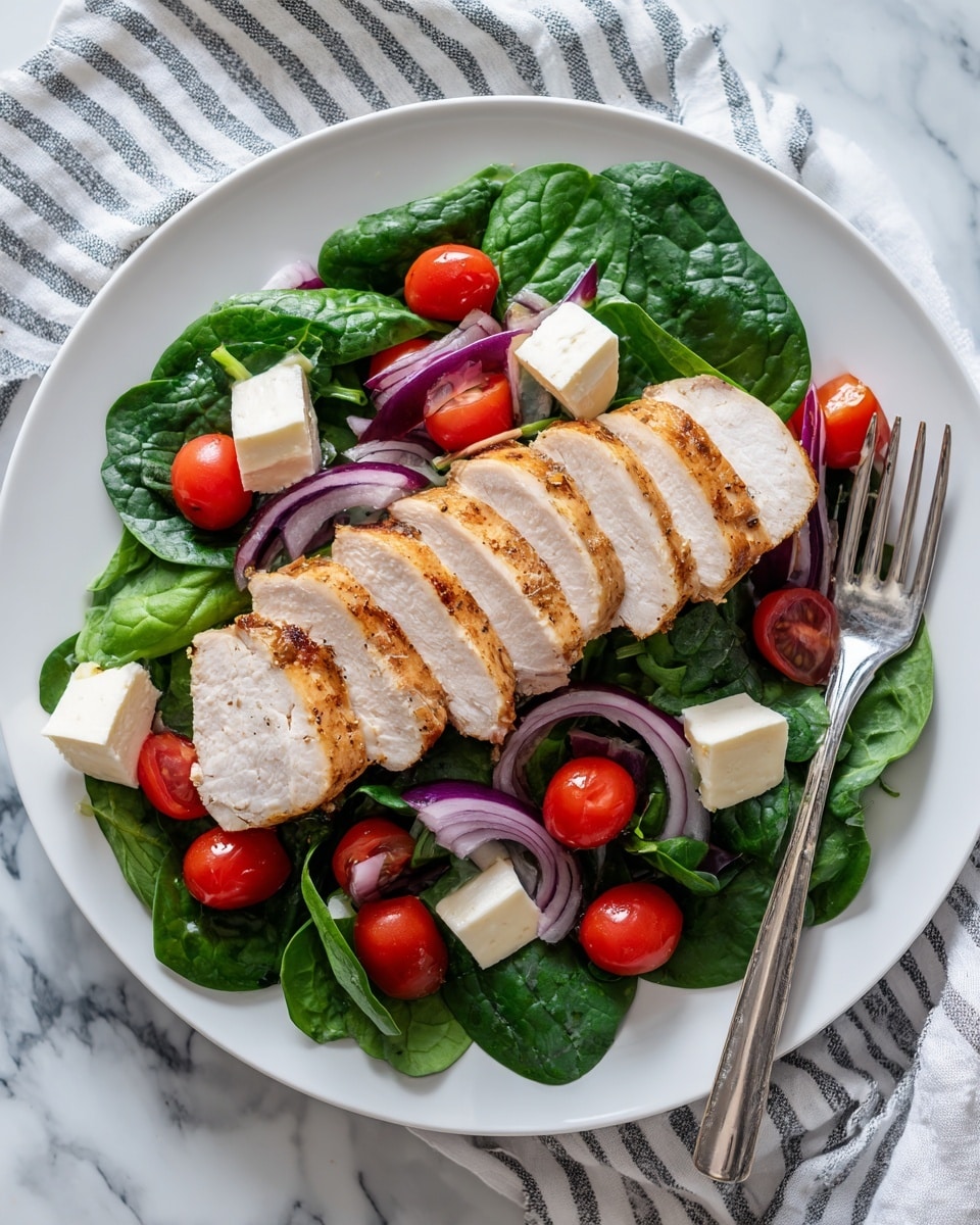 A white plate with a layer of fresh green spinach leaves spread evenly across the bottom. On top of this, there are bright red cherry tomatoes scattered around, along with small pieces of purple-red onion and thin white cheese slices. Centered on the plate, there are seven thick slices of cooked chicken with a golden-brown outer layer, arranged in a neat row. A silver fork is placed on the right side of the plate, resting partly on the spinach. The plate sits on a white marbled surface with a striped cloth underneath. Photo taken with an iphone --ar 4:5 --v 7