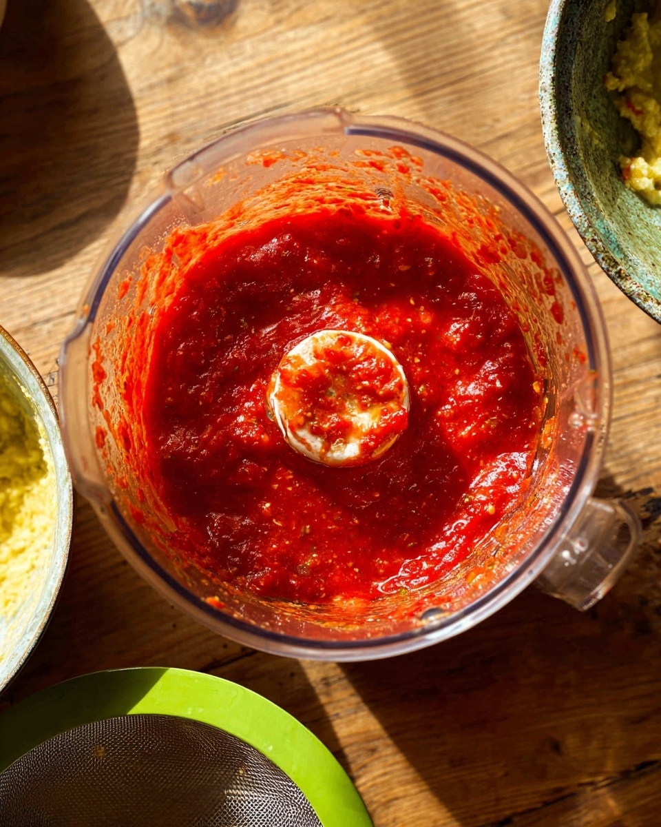 A clear food processor bowl filled with a thick bright red sauce that has splashes of sauce on the sides of the bowl, resting on a wooden surface next to a bowl filled with a pale yellow mixture and a fine mesh strainer with a green rim. The scene is lit by natural light, showing the texture of the sauce inside the clear bowl. Photo taken with an iphone --ar 4:5 --v 7