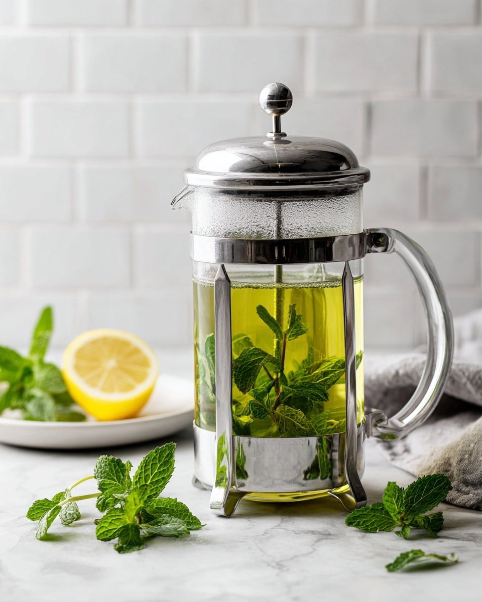 A clear glass French press filled with bright green mint leaves and light yellow-green liquid sits on a white marbled surface. The metal parts of the press are shiny silver, with a round base and a lid with a thin rod going up. To the left, there is a small white plate holding half a lemon facing up and a few fresh mint leaves. A soft gray napkin lies behind the press against a white tile wall. The scene is bright and clean, focusing on the fresh ingredients and the French press photo taken with an iphone --ar 4:5 --v 7