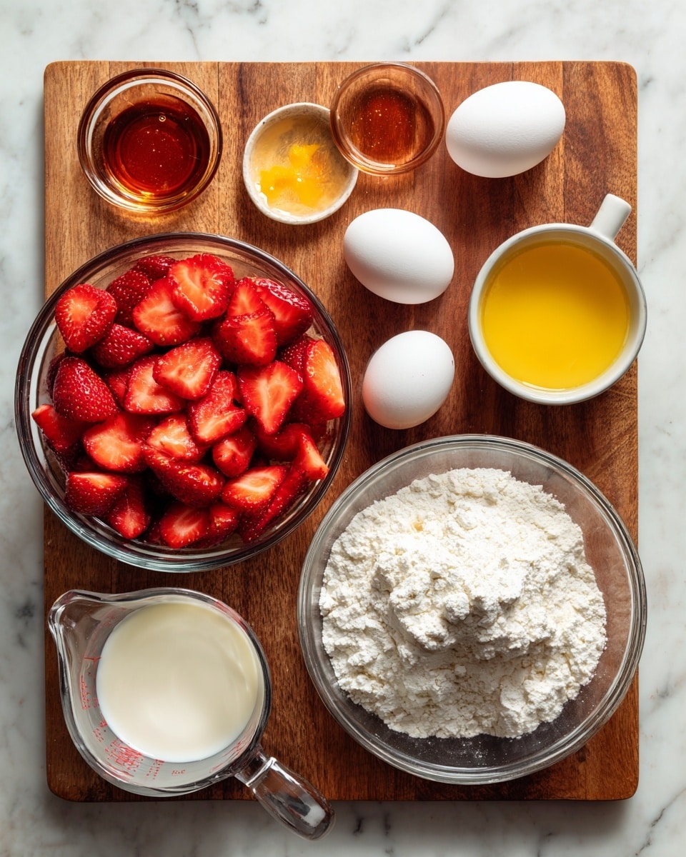 A top view of a wooden board holding bowls and containers of ingredients, including a clear glass bowl on the left filled with bright red sliced strawberries, a larger clear glass bowl on the right filled with white flour, two whole eggs beside it, a small glass cup with amber liquid above the eggs, a white cup of yellow liquid on the top right, and a clear glass measuring cup with white cream or milk at the bottom left, all placed on a white marbled surface photo taken with an iphone --ar 4:5 --v 7