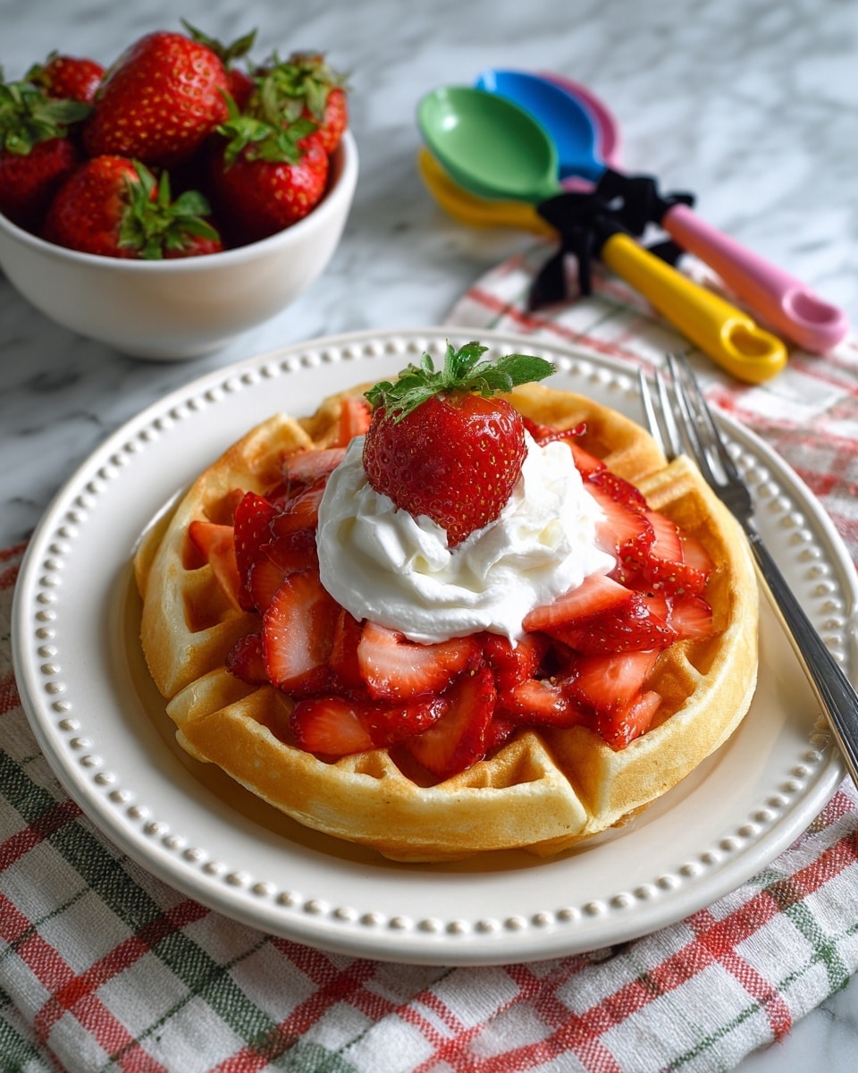 A single golden waffle sits in the center of a white plate with a beaded rim. On top of the waffle, there is a layer of sliced red strawberries spread evenly. Above the strawberries, a dollop of white whipped cream is placed, topped with one whole bright red strawberry with green leaves. The plate is on a white marbled surface, next to a silver fork resting on a white cloth with red and green check lines. Nearby, a white bowl filled with whole bright red strawberries is seen, along with three colorful measuring spoons in blue, yellow, and pink with black ribbons attached. photo taken with an iphone --ar 4:5 --v 7