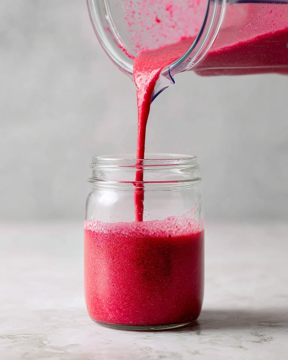 A clear glass jar is being filled with bright pink, thick liquid with small bits, poured from a transparent blender container held above it. The jar is about half full and sits on a white marbled surface. The liquid has a smooth, slightly textured look with tiny visible pieces, suggesting a fresh blended fruit or vegetable mix. The background is clean and softly lit. Photo taken with an iphone --ar 4:5 --v 7