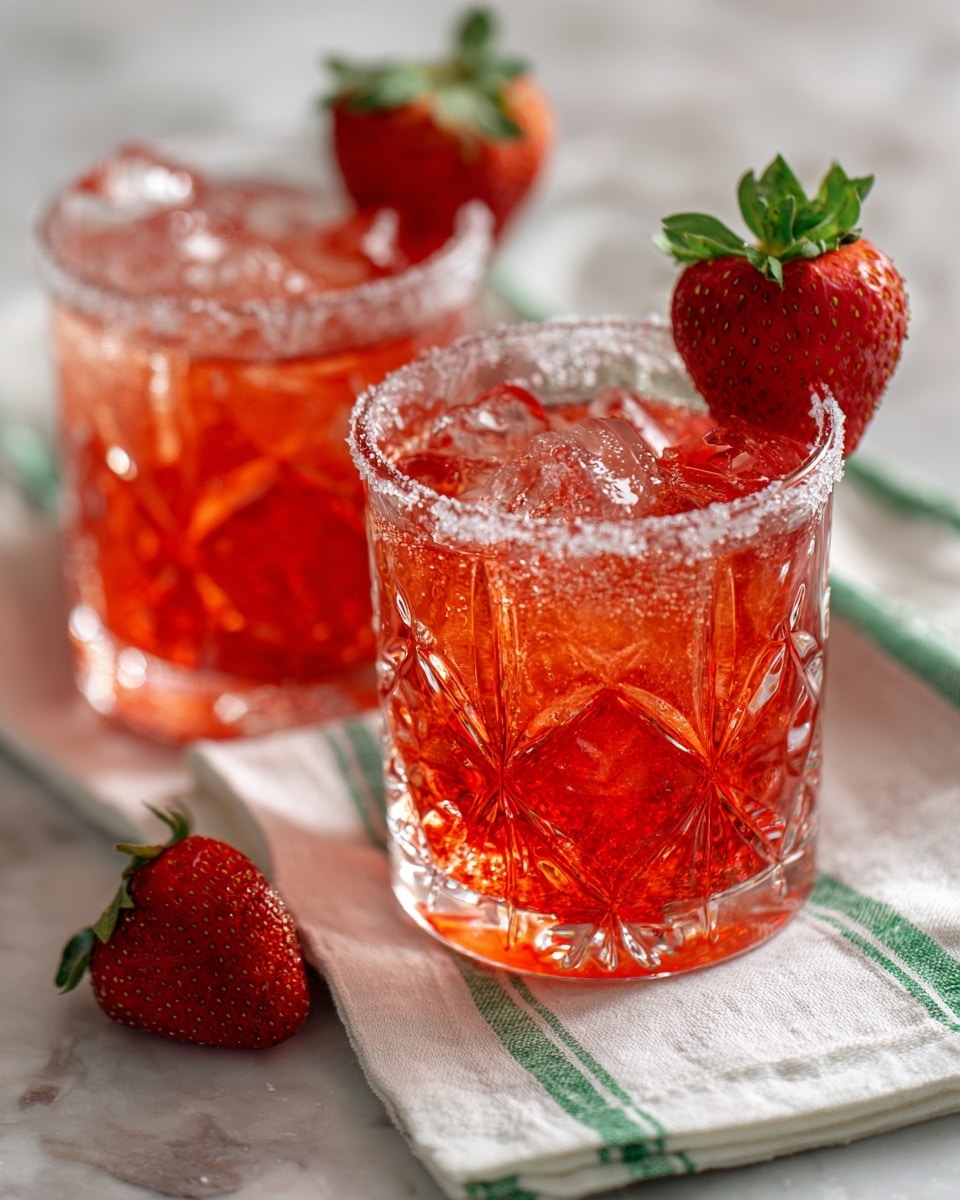 Two clear glasses with carved patterns are filled with red liquid and ice cubes. Each glass has a sugar rim and a fresh red strawberry with green leaves on the rim. The glasses are placed on a white cloth with green stripes on a white marbled surface. The background is soft and light, keeping focus on the drinks. photo taken with an iphone --ar 4:5 --v 7