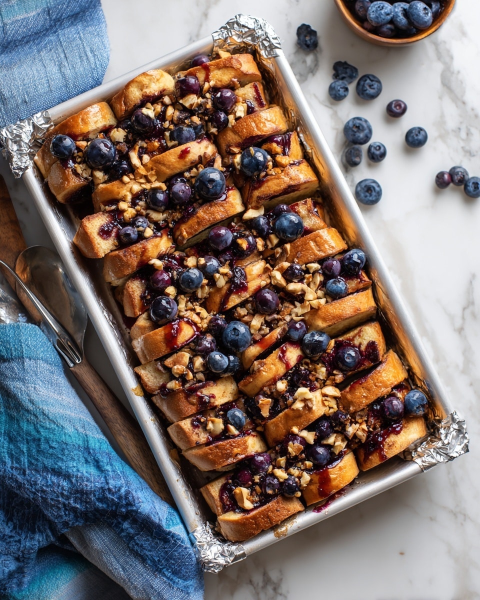A white baking tray lined with foil holds a layered dish made of light brown slices of toasted bread arranged upright in two rows, each slice topped with dark blue blueberries and scattered small light tan chopped nuts, creating a textured and colorful surface. The bread looks soft with a slightly crispy crust, while the blueberries add a fresh round pop of deep blue and purple, contrasting with the warm tones of the bread. The tray is placed on a white marbled surface with extra blueberries scattered around, and a blue and white cloth is partially visible on the side. Photo taken with an iphone --ar 4:5 --v 7
