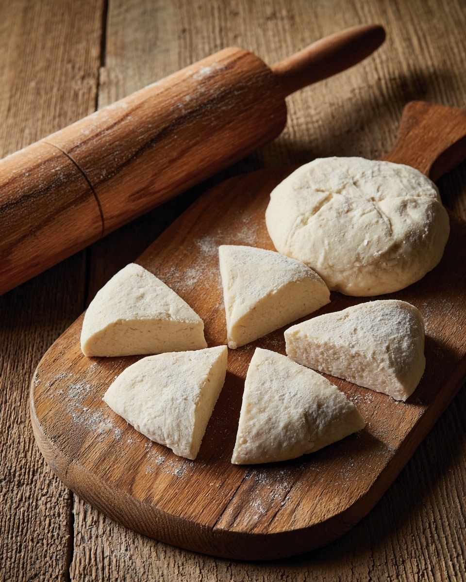 The image shows a wooden cutting board placed on a textured wooden surface, holding two circular pieces of pale dough and five smaller dough pieces cut into wedge shapes arranged around them. There is a rolling pin with wood grain detail in the upper left corner, partially visible. The dough pieces have a soft, slightly uneven texture, and the overall setting gives a warm, rustic feeling. photo taken with an iphone --ar 4:5 --v 7