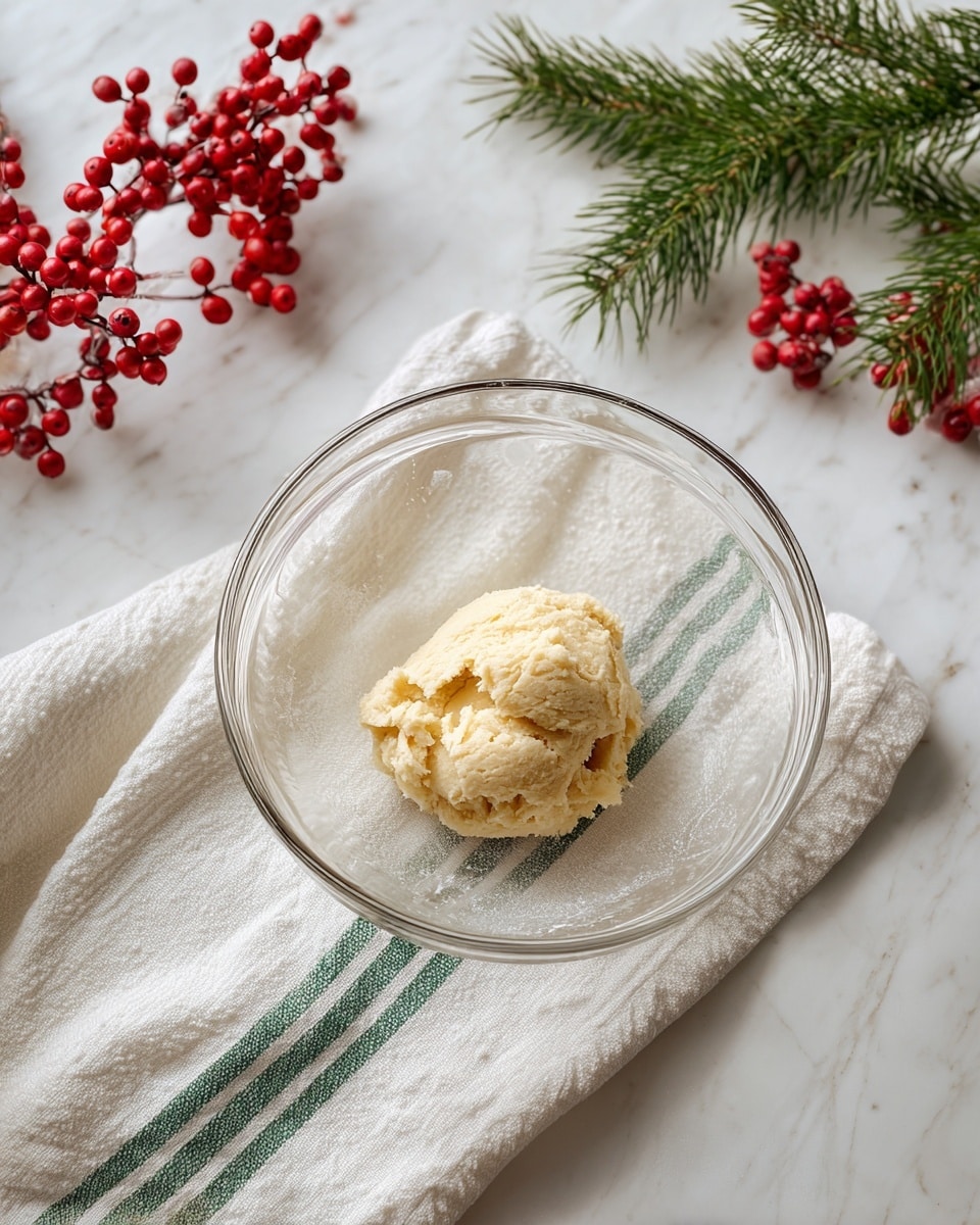A clear glass mixing bowl with a rounded shape holds a small mound of pale yellow dough with a soft, slightly crumbly texture in the center. The bowl is set on a folded white cloth with green stripes that rests on a white marbled surface. Decorative red berries on a branch are placed in the upper left corner, and green pine sprigs are in the lower right corner, adding a festive touch. The scene is simple and clean with a soft natural light. photo taken with an iphone --ar 4:5 --v 7