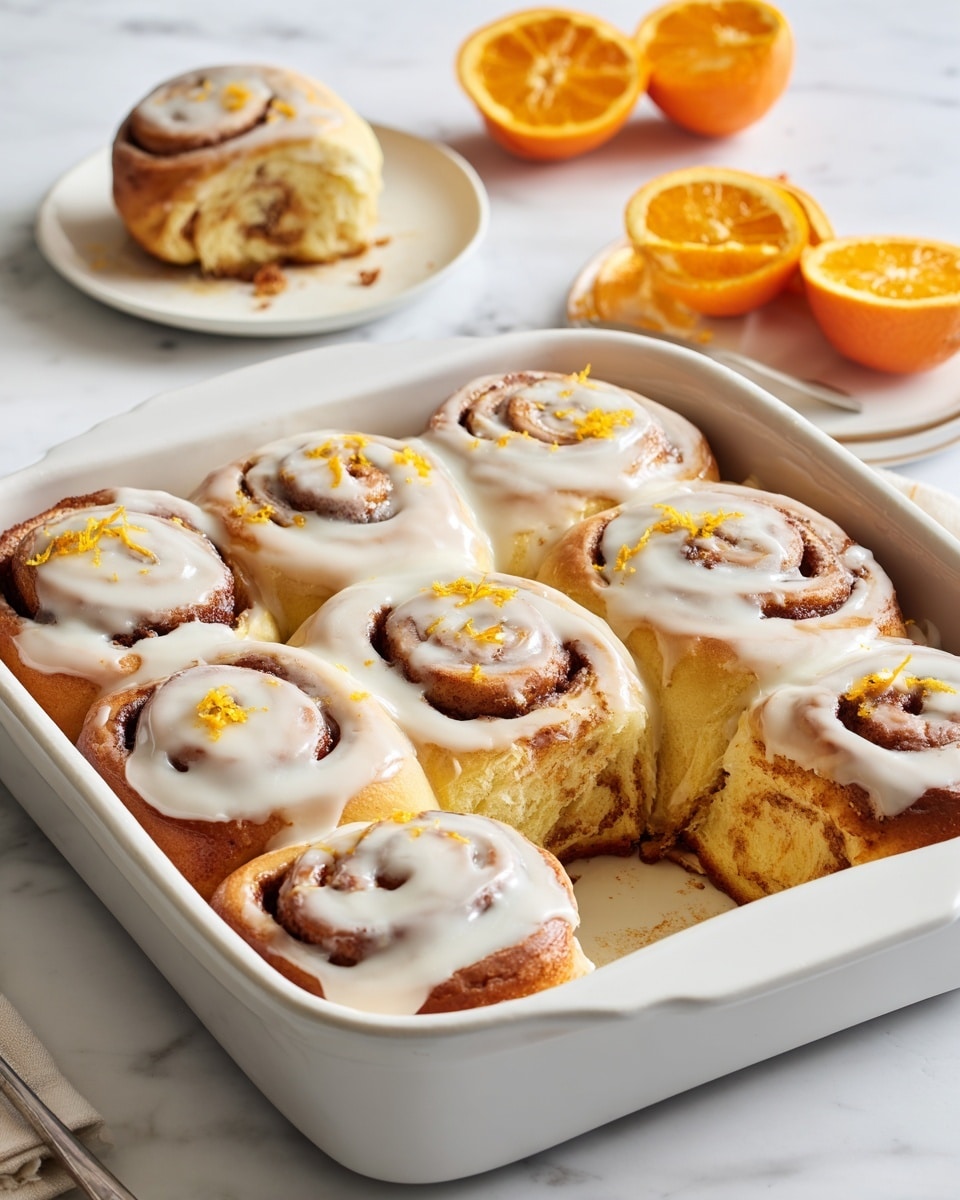 The image shows a white rectangular baking dish filled with nine cinnamon rolls arranged in three rows of three, with one roll missing in the front right corner revealing the soft, fluffy inside and light golden-brown bottom layer. Each roll is swirled with cinnamon sugar filling and topped with a thick layer of creamy white icing that drips down the sides. The rolls display a warm brown spiral pattern inside and are slightly spaced apart. There is a garnish of fresh orange zest sprinkled on top, and two fresh orange slices placed on the upper right corner of the dish. In the background, there is a white plate holding one cinnamon roll and a whole orange partially cut, all set against a white marbled surface. photo taken with an iphone --ar 4:5 --v 7