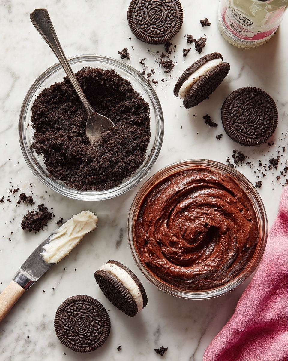 The image shows two clear glass bowls on a white marbled surface, one bowl contains finely crushed dark chocolate sandwich cookies with a spoon inside, and the other bowl holds smooth, rich chocolate mousse with a spoon resting in it; nearby are whole and split sandwich cookies showing their white creme filling, a small butter knife with white cream on it, a bottle of vanilla extract, and a bright pink cloth in the corner. photo taken with an iphone --ar 4:5 --v 7