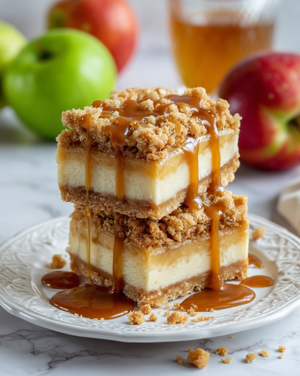 The image shows two square layered dessert bars stacked on a white plate with a decorative edge, placed on a white marbled surface. The bottom layer is a light beige crust, topped with a thick creamy layer that appears off-white with small chunks of apple. Above this is a crumbly topping made of golden brown streusel, giving a rough texture contrasting with the smooth cream layer below. There are some crumbs scattered around the plate. In the blurred background are apples and a jar of caramel sauce. Photo taken with an iphone --ar 4:5 --v 7