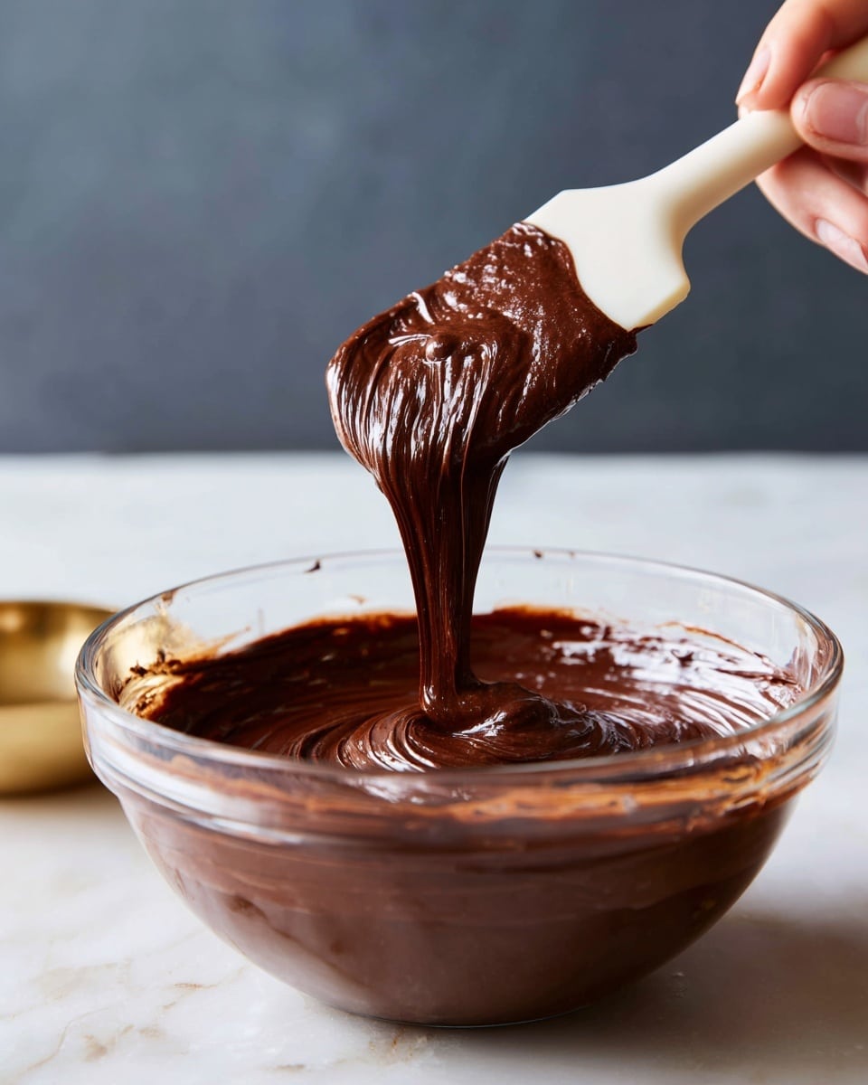 A close-up view of a thick, smooth dark chocolate mixture in a clear glass bowl, showing shiny and rich texture, with a white silicone spatula lifting some of the mixture out of the bowl. A woman's hand holds the spatula, and the background is a soft dark space with a hint of a brass object on the left side. The scene is set on a white marbled texture surface. Photo taken with an iphone --ar 4:5 --v 7