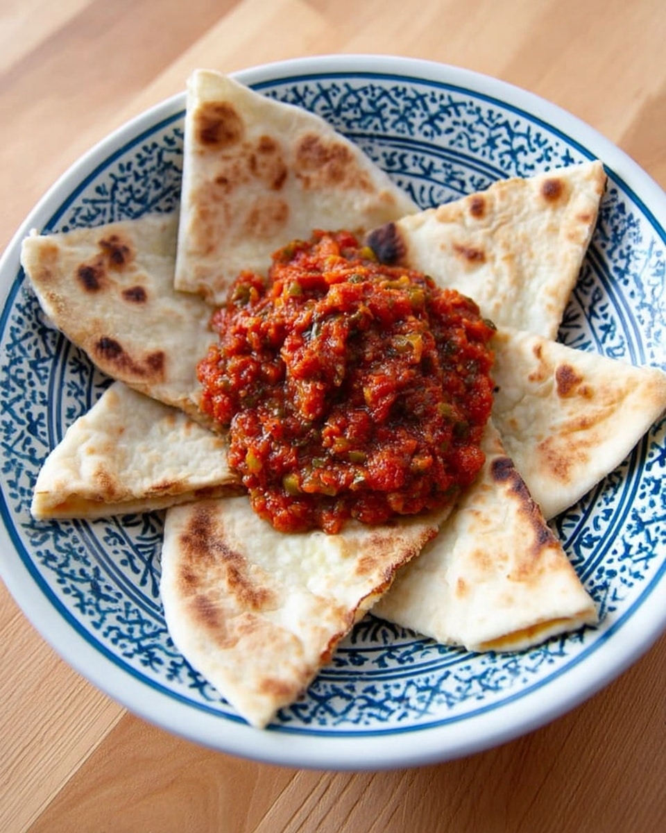 A white plate with blue patterns shows five light brown flatbread pieces arranged in a star shape around a center pile of thick red tomato sauce mixed with small green and brown vegetable bits. The flatbread looks soft with light toasted spots and is positioned with tips toward the plate center. The plate sits on a light wood surface. photo taken with an iphone --ar 4:5 --v 7