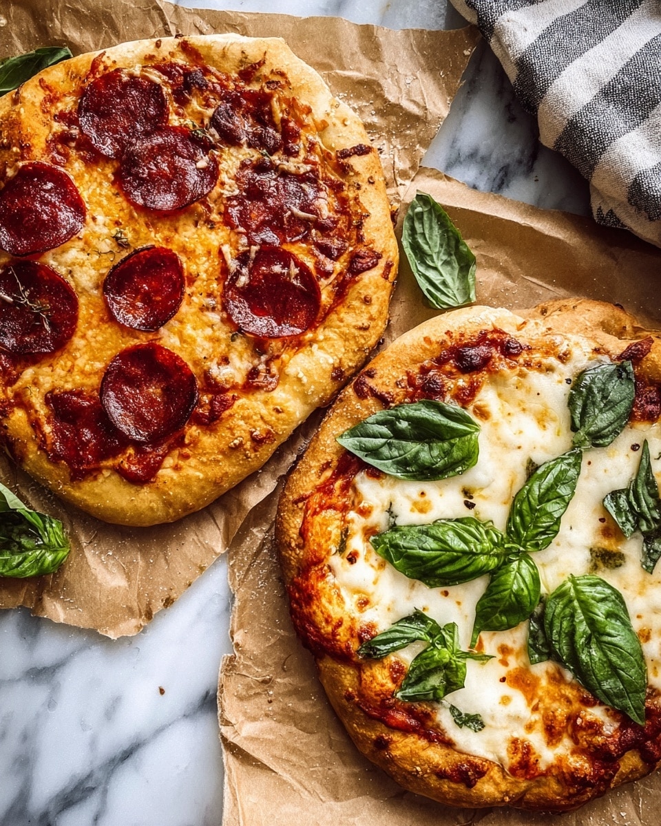 Two homemade pizzas sit on torn brown parchment paper over a white marbled surface. The pizza on the left has one thick layer of golden, bubbly cheese topped with evenly spaced, round slices of dark red pepperoni. The pizza on the right features one thick layer of melted white cheese spread unevenly, beneath large fresh green basil leaves scattered on top, all resting on a light golden-brown thick crust with some darker spots. A striped cloth is partially visible in the upper right corner. Photo taken with an iphone --ar 4:5 --v 7